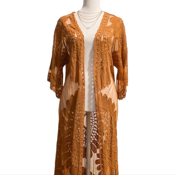 Rebellion Crochet Lace Midi Duster Cardigan  | Size Medium | Color Carmel - Picture 4 of 4